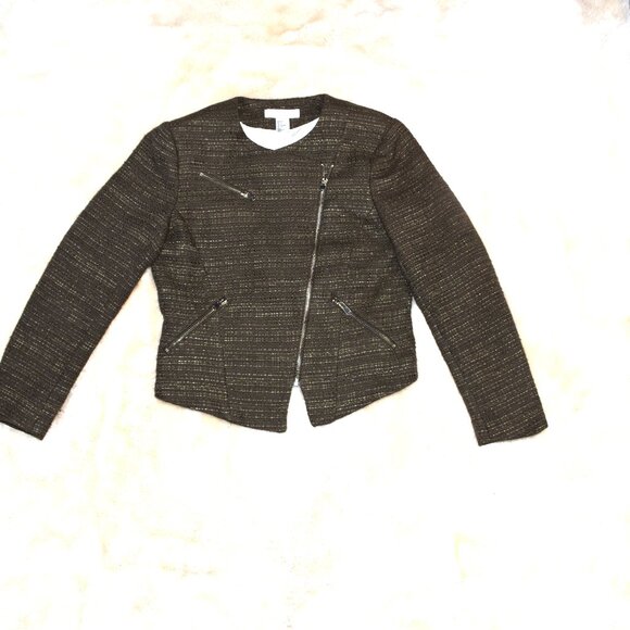 H&M Olive Green Tweed Asymmetrical Zip Blazer Jacket Women’s 6 Small Chic - Picture 7 of 7